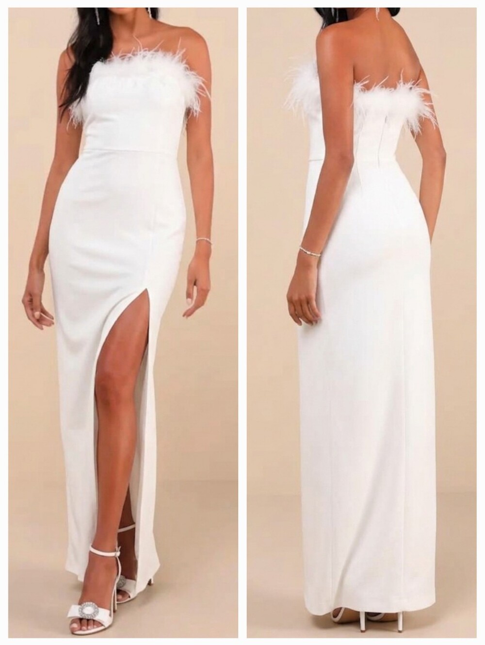 Lulus Absolutely Fabulous White Feather Trim Strapless Column Maxi, Medium, NWT